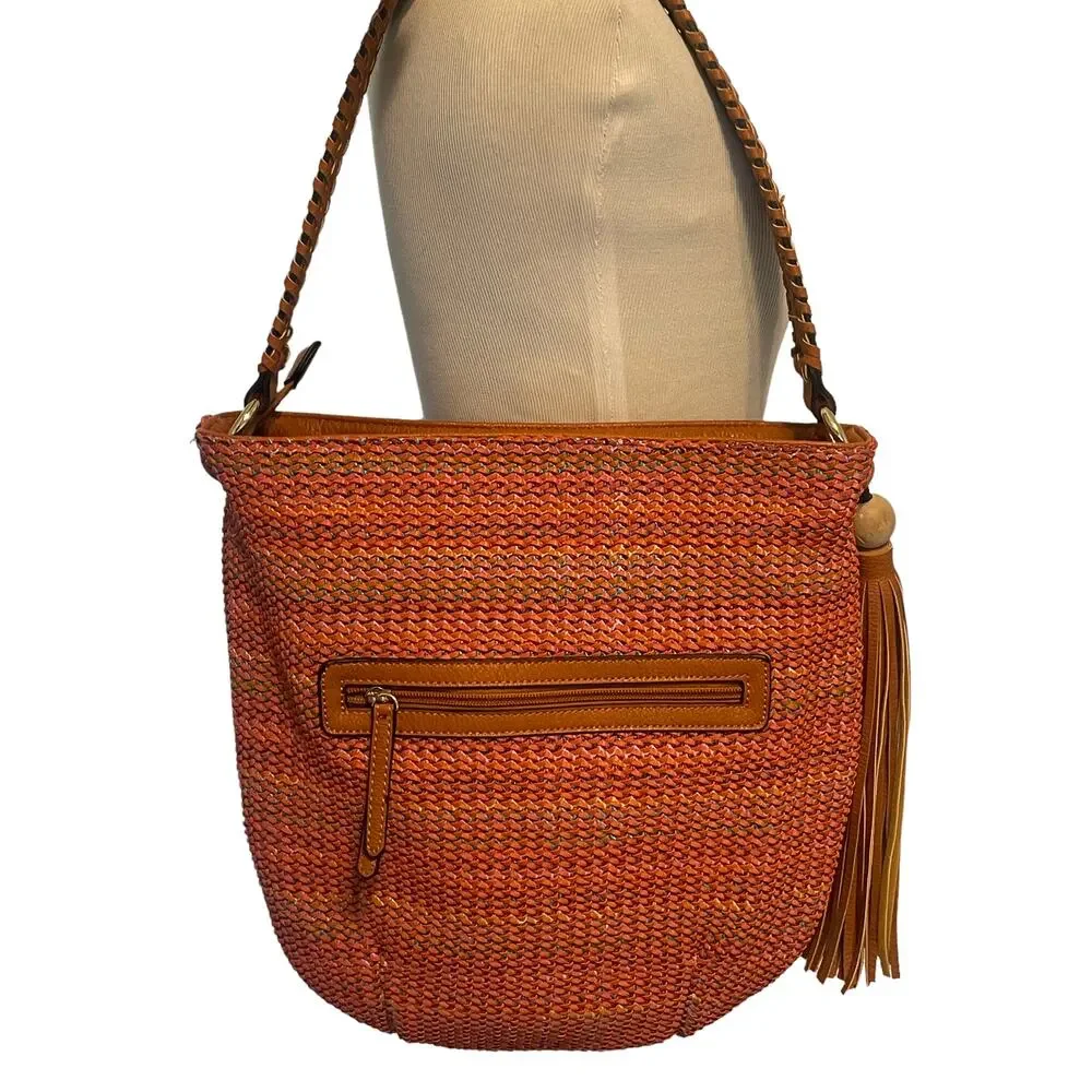 Sondra Roberts Squared Boho Hobo Bag Brown & Orange Multicolor Tassel Braided